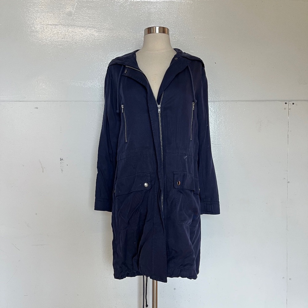 BB Dakota Tencel Flowy Lightweight Long Zip Coat Parka Hood Deep Navy Blue